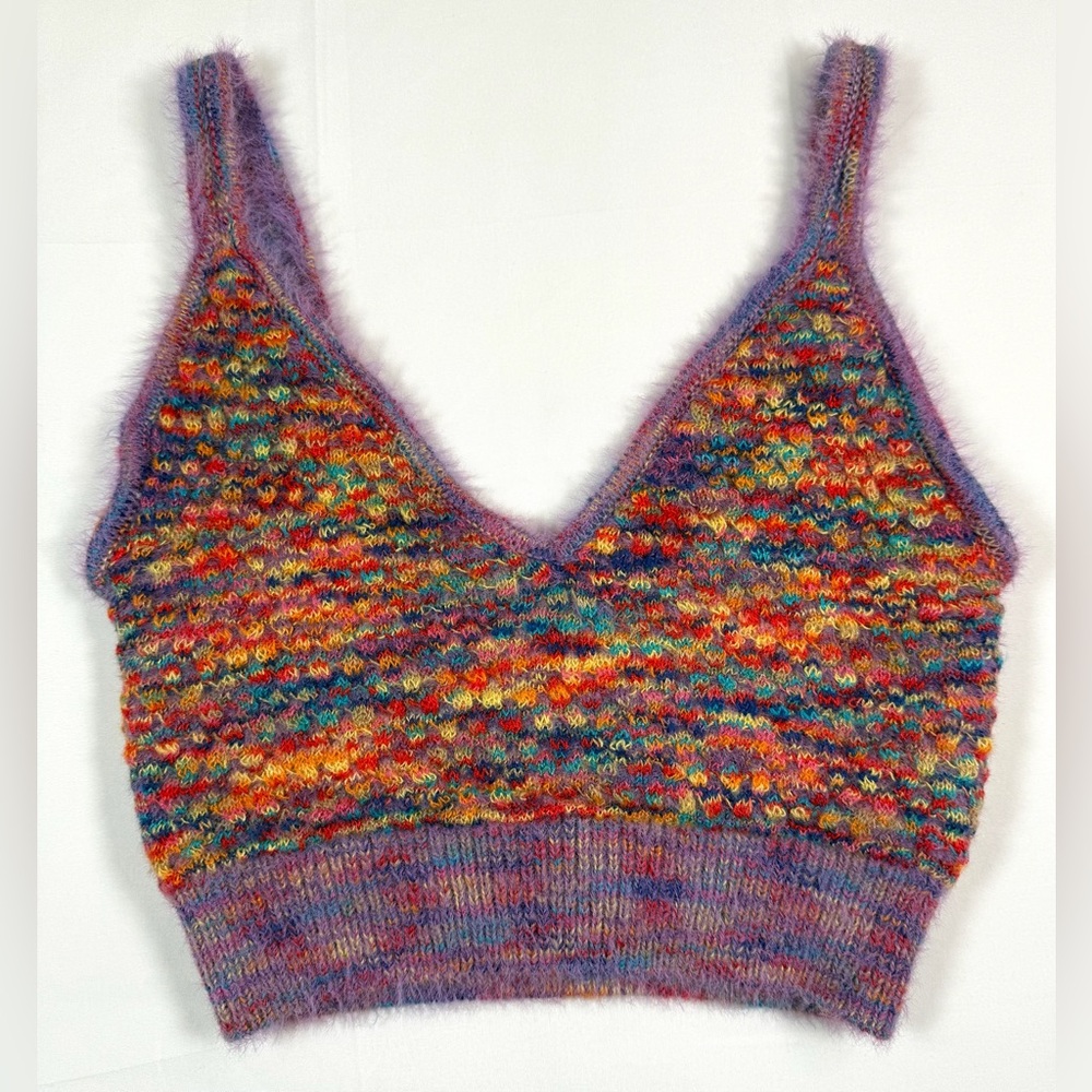 HAZEL MOON Multicolor Fuzzy Knit Crop Cami Bralette Top Size M Rainbow Space Dye